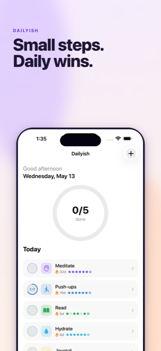 Home screen with a progress ring and today&rsquo;s habits.