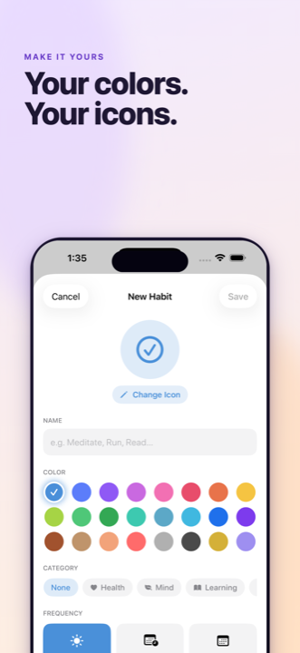 Habit editor showing colors, icon, frequency and target.