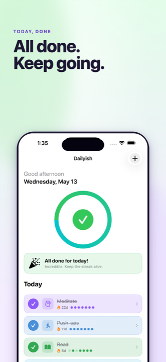 Celebration screen when every habit is done for the day.