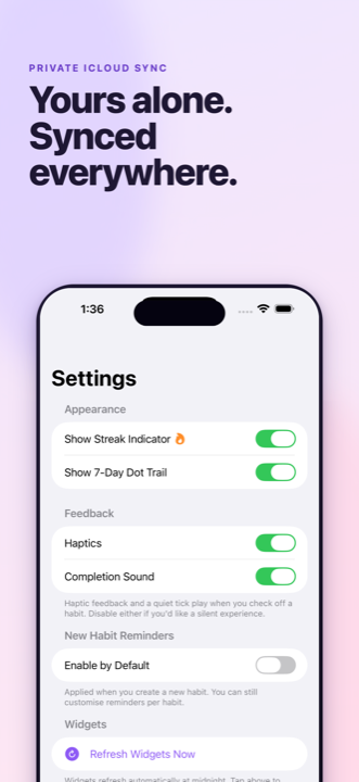 Settings showing private iCloud sync.